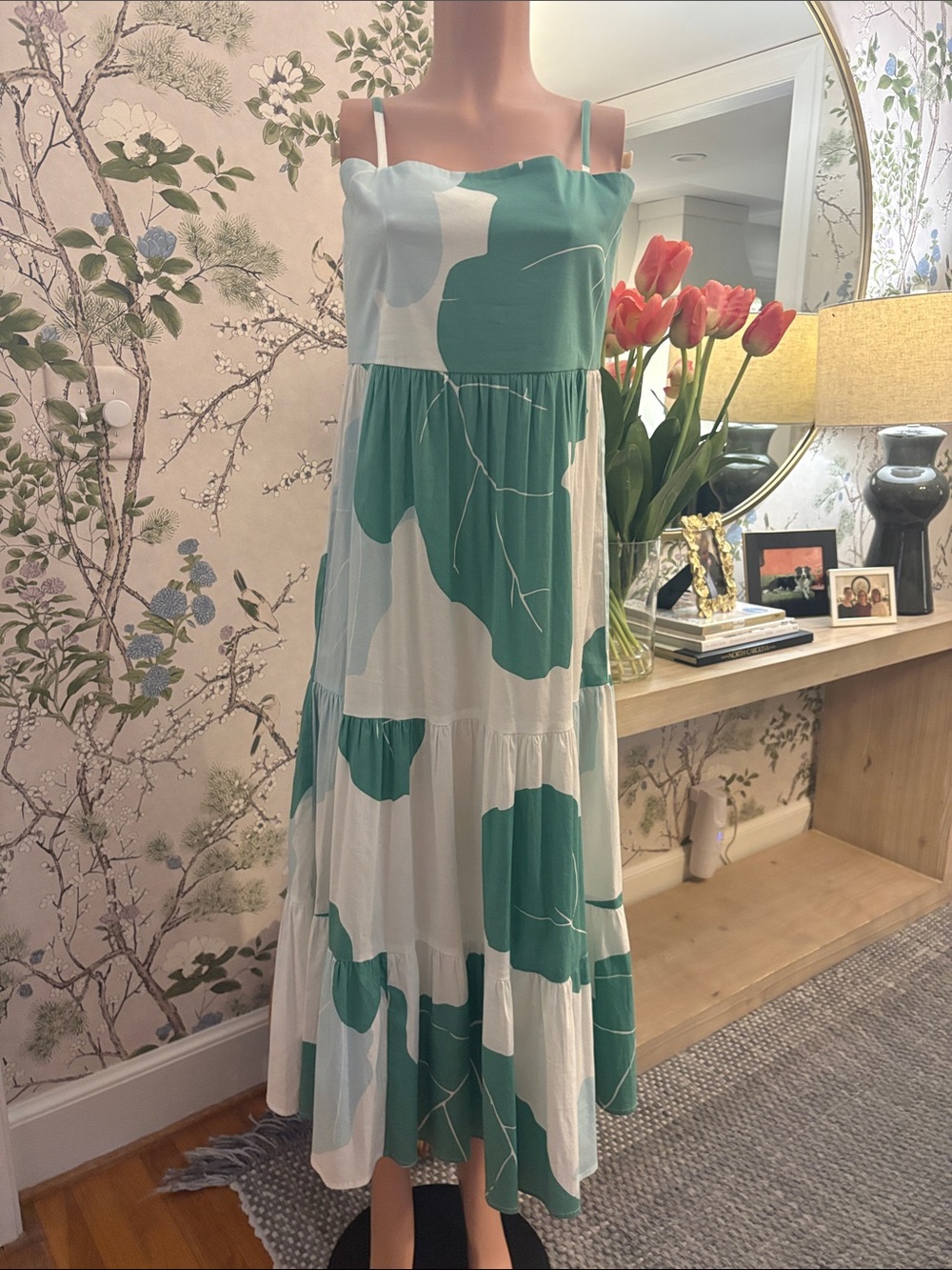 Sleeveless Green & White Tiered Maxi Dress with Spaghetti Straps